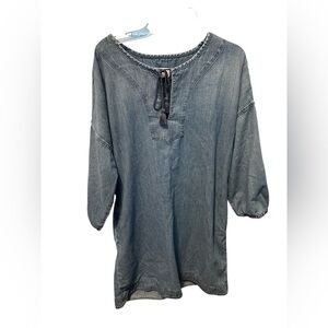 LOFT Lounge Tie Neck Tassel Denim Tunic Dress Pockets Size Medium 3/4 Sleeves
